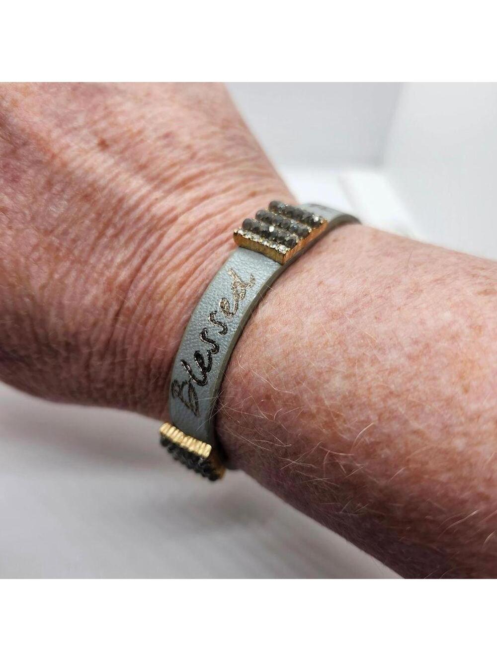 Elegant Gray Leather Bracelet with Gold and Crystal Accents Good Works